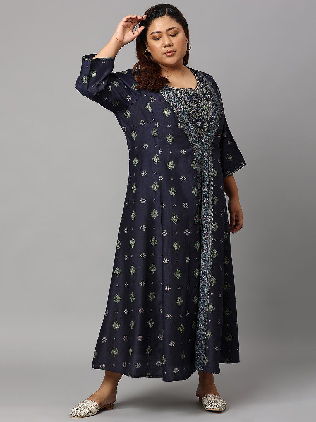 W Blue & Green Floral Embroidered Ethnic Maxi Dress