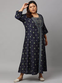W Blue & Green Floral Embroidered Ethnic Maxi Dress