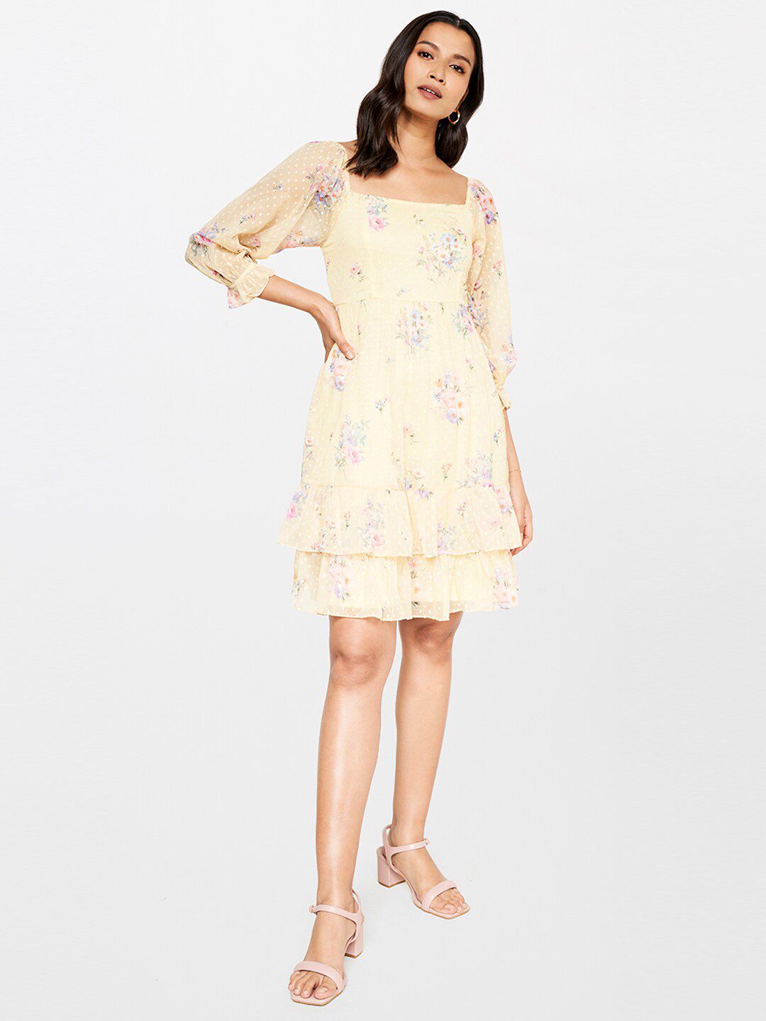 AND Square Neck Floral Printed Layered Smocked A-Line Dress