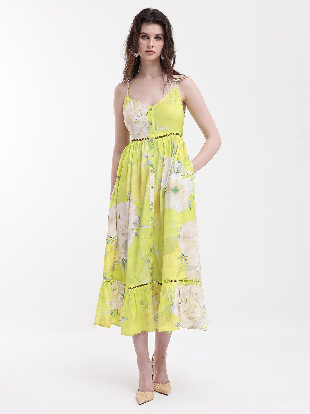 RAREISM Floral Printed Shoulder Straps Gathered Fit & Flare Midi Dress