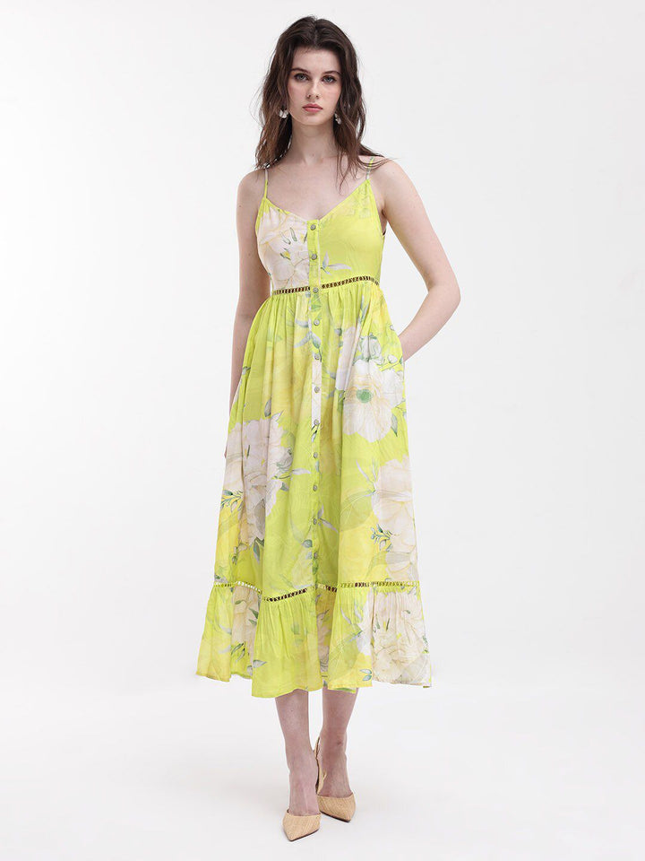 RAREISM Floral Printed Shoulder Straps Gathered Fit & Flare Midi Dress