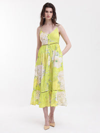 RAREISM Floral Printed Shoulder Straps Gathered Fit & Flare Midi Dress