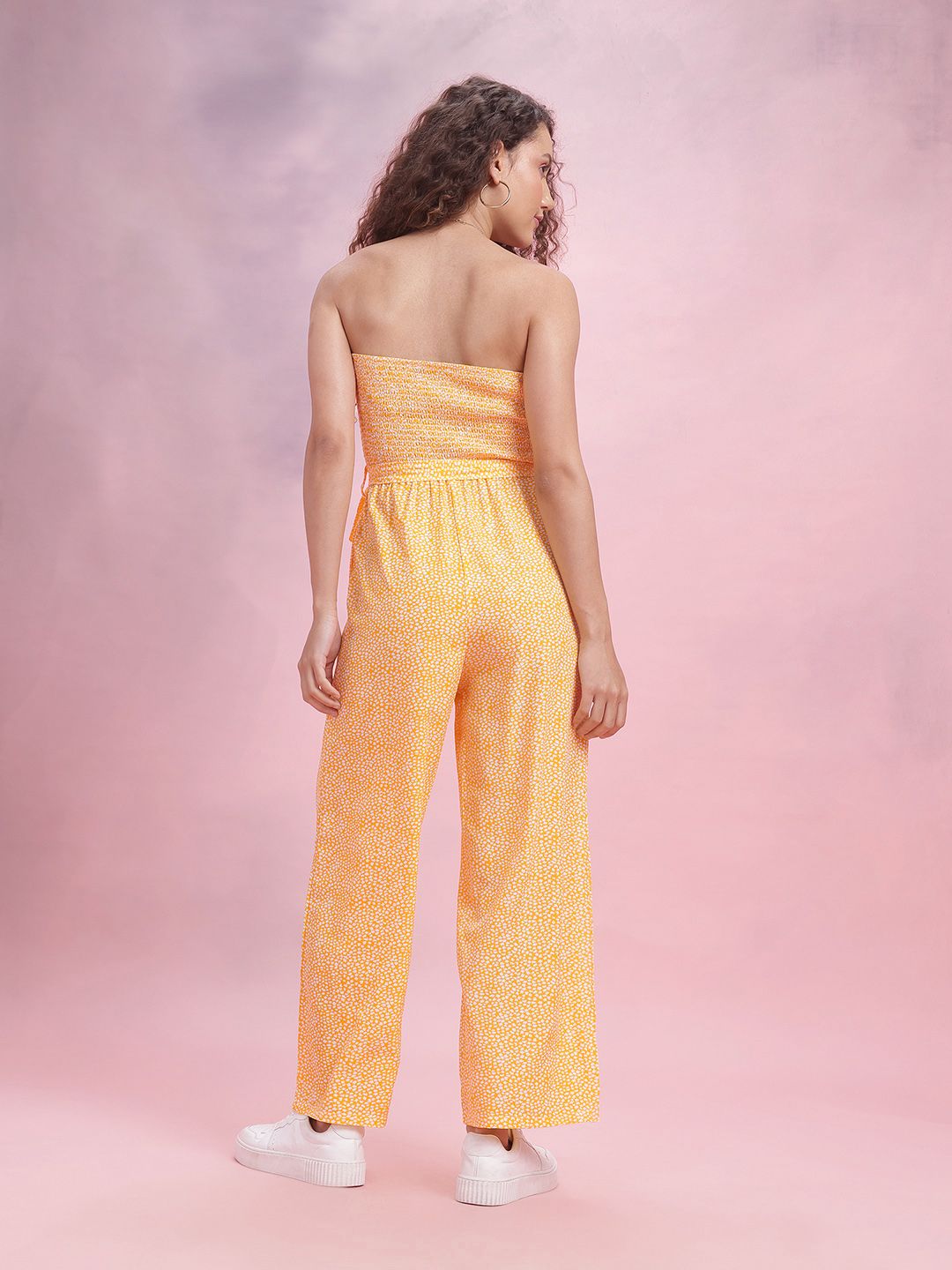 DressBerry Off-Shoulder Printed Smocked Belted Basic Jumpsuit