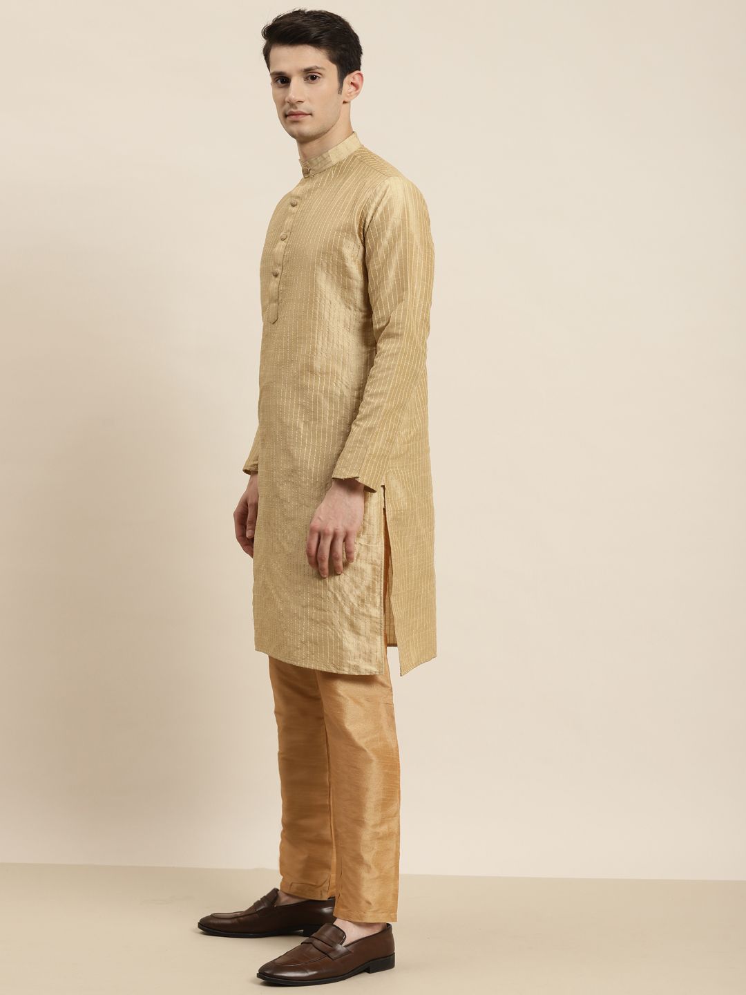 SOJANYA Men Golden & Teal Blue Kurta with Churidar & Nehru Jacket