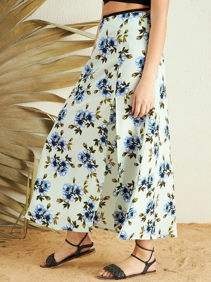 Berrylush Green Blue Floral Printed High Rise Side Slit A-Line Maxi Skirt