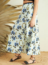 Berrylush Green Blue Floral Printed High Rise Side Slit A-Line Maxi Skirt
