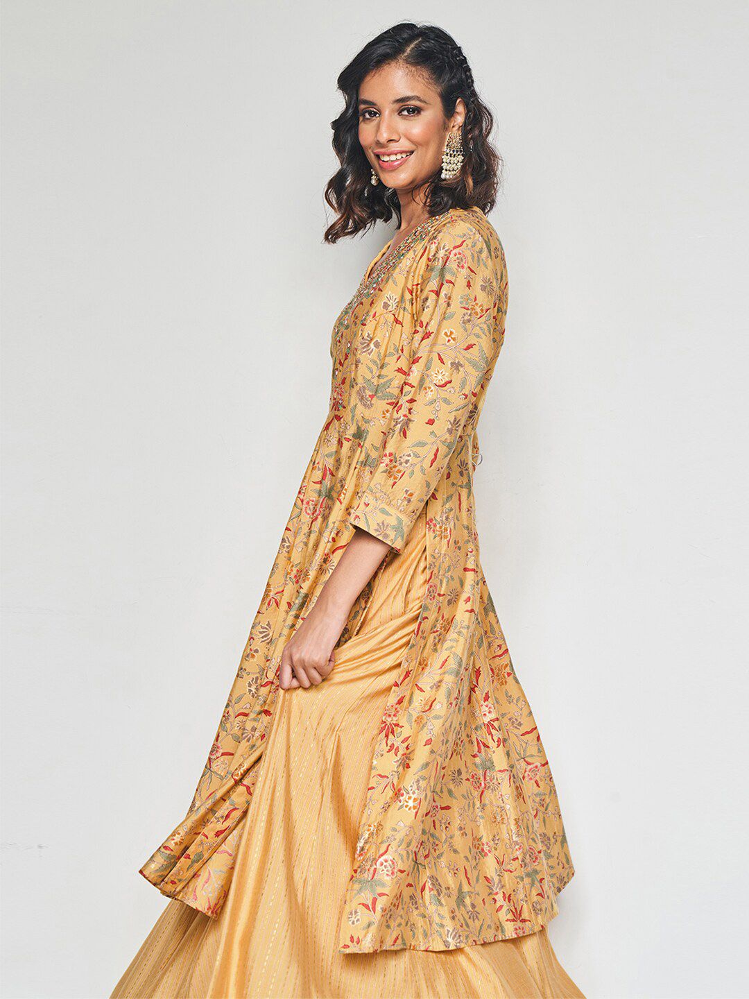 Global Desi Floral Printed Thread Work Kurta With Skirt
