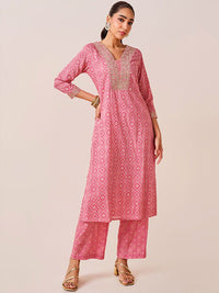 Global Desi Geometric Printed Sequinned A-Line Kurta With Palazzo