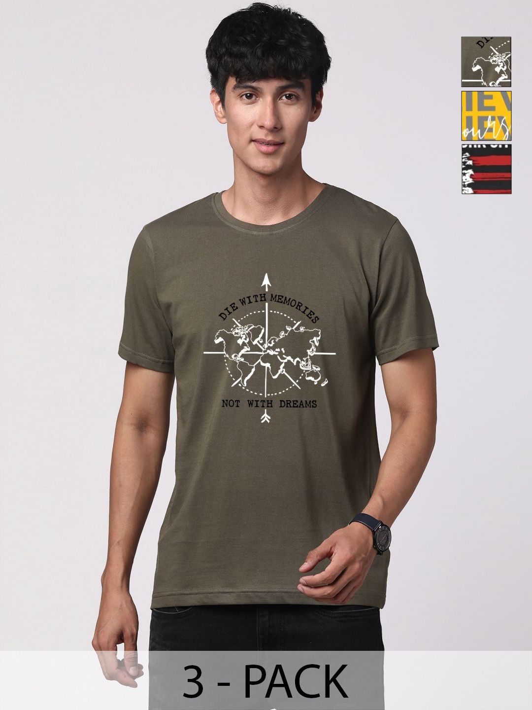 ADRO Men Pack of 3 Typography Printed Round Neck Cotton T-shirts