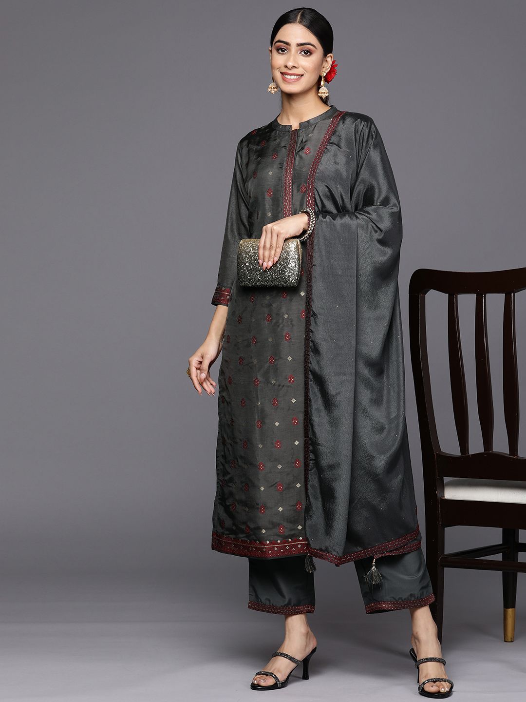 Libas Women Charcoal Floral Kurta with Trousers & With Dupatta