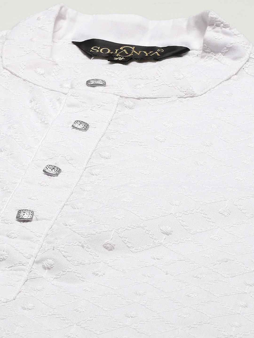 SOJANYA Men White Chikankari Pure Cotton Kurta with Churidar & Nehru Jacket
