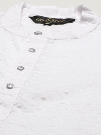 SOJANYA Men White Chikankari Pure Cotton Kurta with Churidar & Nehru Jacket