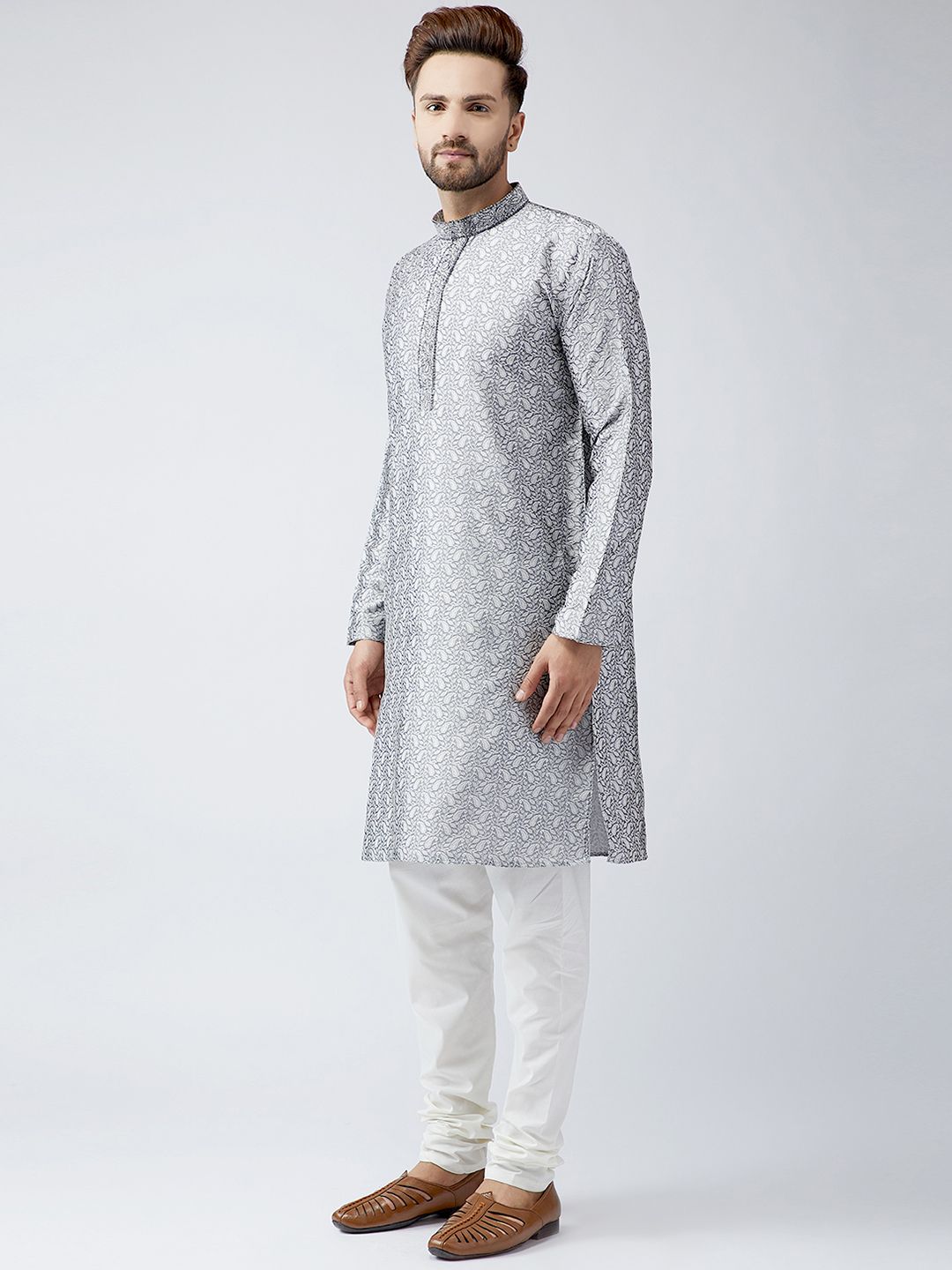 SOJANYA Men Grey Woven Design Straight Kurta