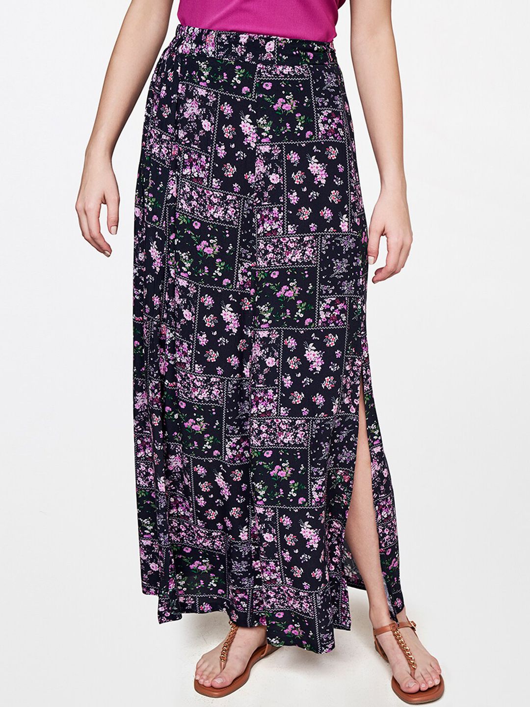 AND Women Purple & Black Printed Viscose Rayon Maxi A-Line Skirt