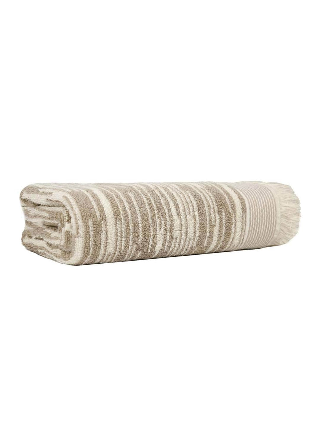 MYTRIDENT Beige & White Striped Printed Cotton 500 GSM Bath Towel
