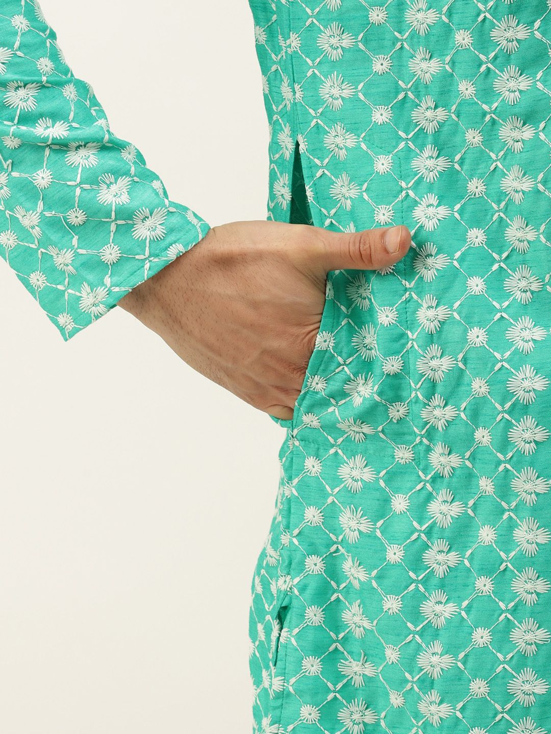 SOJANYA Men Green & Beige Embroidered Thread Work Kurta with Churidar & Nehru Jacket