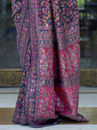 Mitera Navy Blue &amp; Pink Floral Zari Silk Blend Banarasi Saree