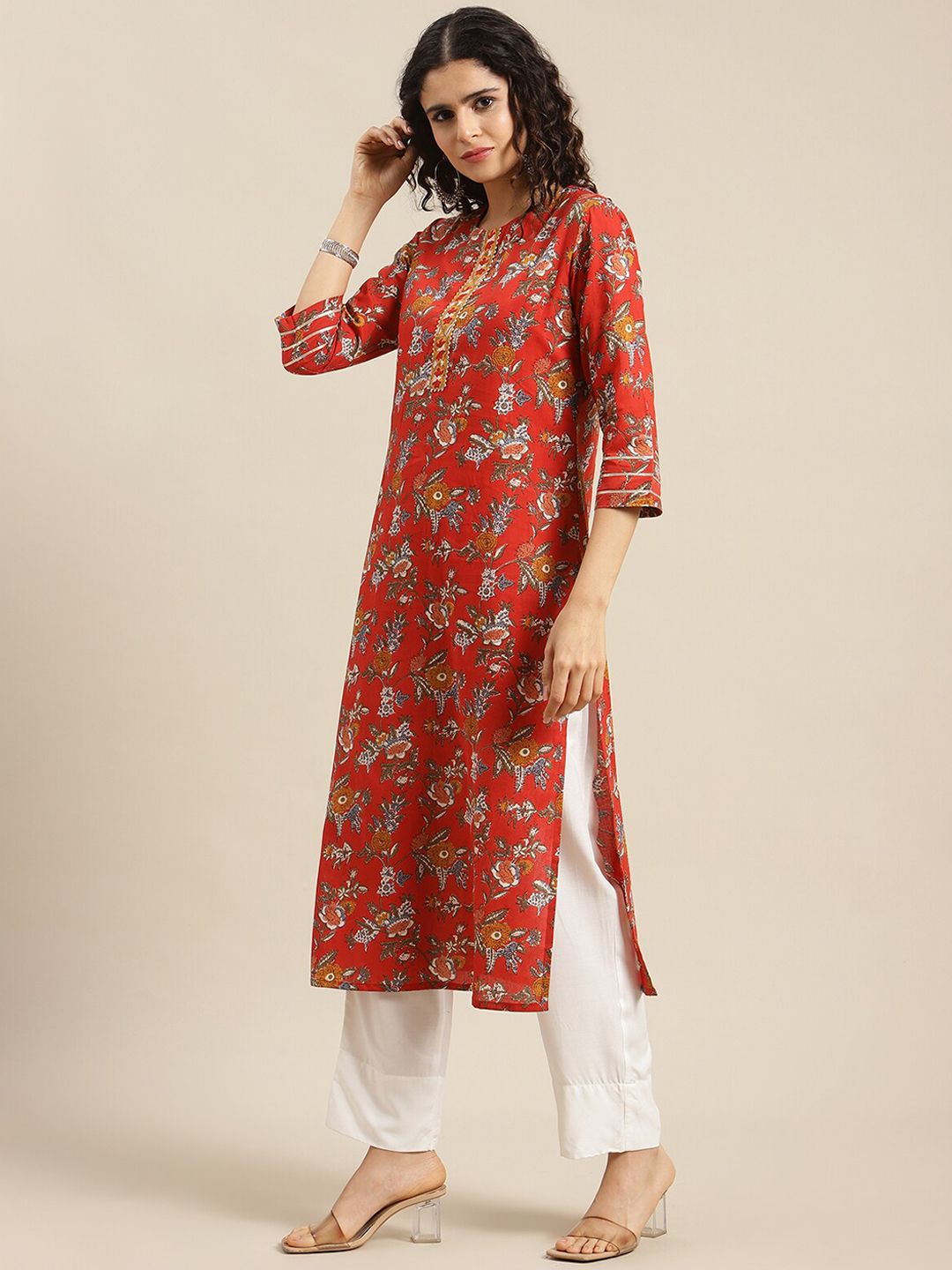Varanga Women Red & Orange Floral Printed Straight Kurta