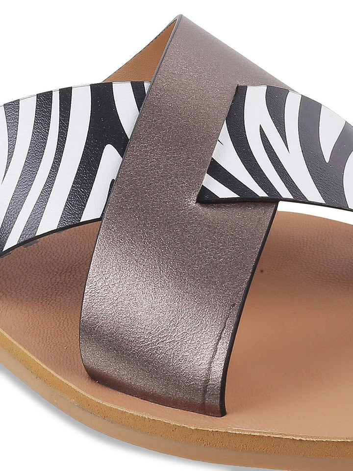 Metro Women Grey Striped Open Toe Flats with Laser Cuts