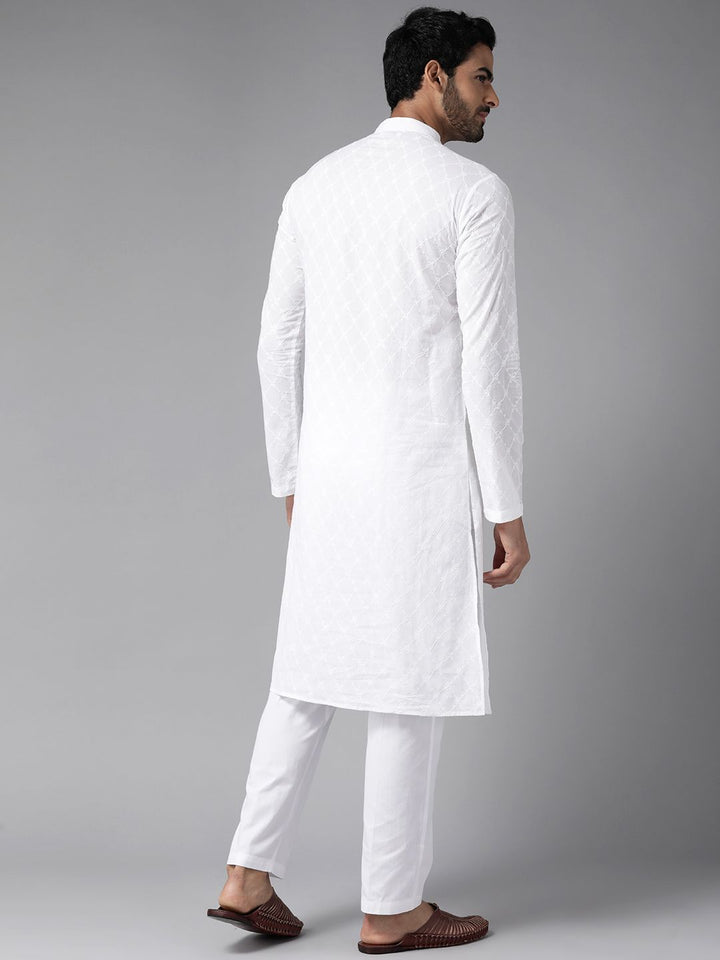 See Designs Men White Ethnic Motifs Embroidered Chikankari Pure Cotton Kurta with Pyjamas