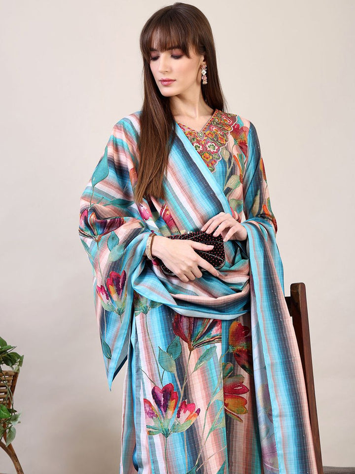 KALINI Floral Embroidered Thread Work Pure Cotton Kurta with Trousers & Dupatta