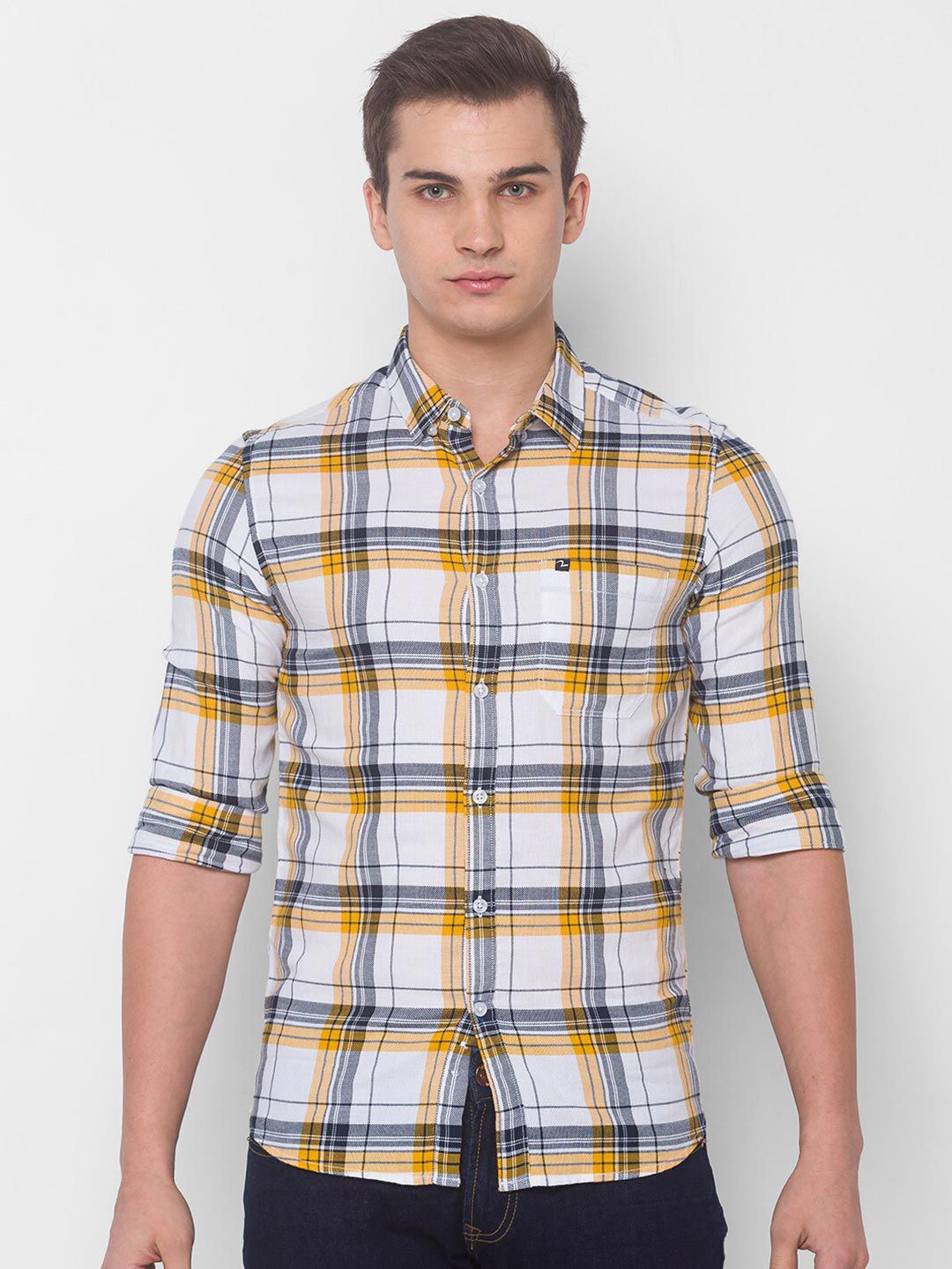 SPYKAR Men White Tartan Checks Checked Casual Shirt
