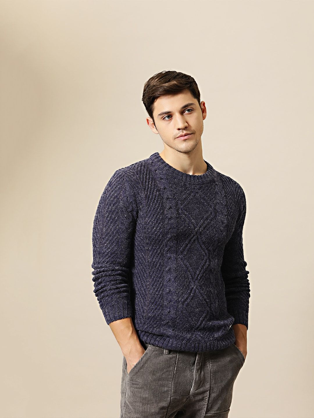 Mr Bowerbird Men Navy Blue Self Design Pullover Sweater