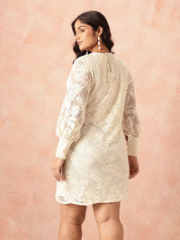 all about you Plus Size Tropical Self-Design Cuffed Sleeves Sheath Dress with Lace Inserts