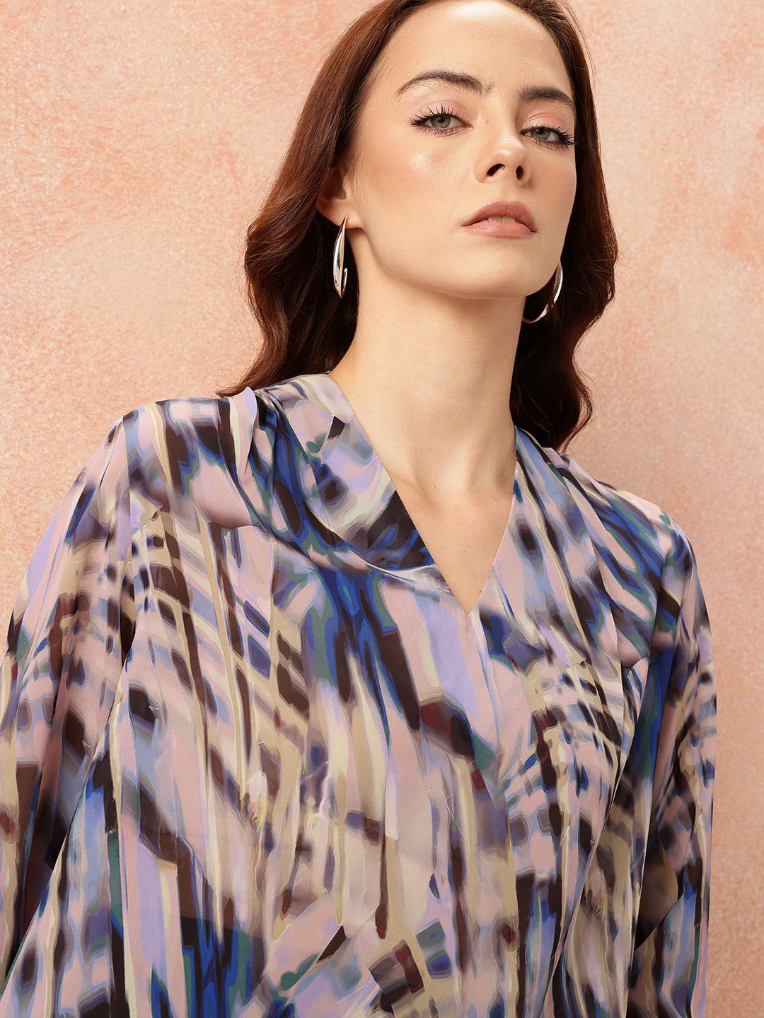 all about you Abstract Print Georgette Semi-Sheer Draped-Style Top