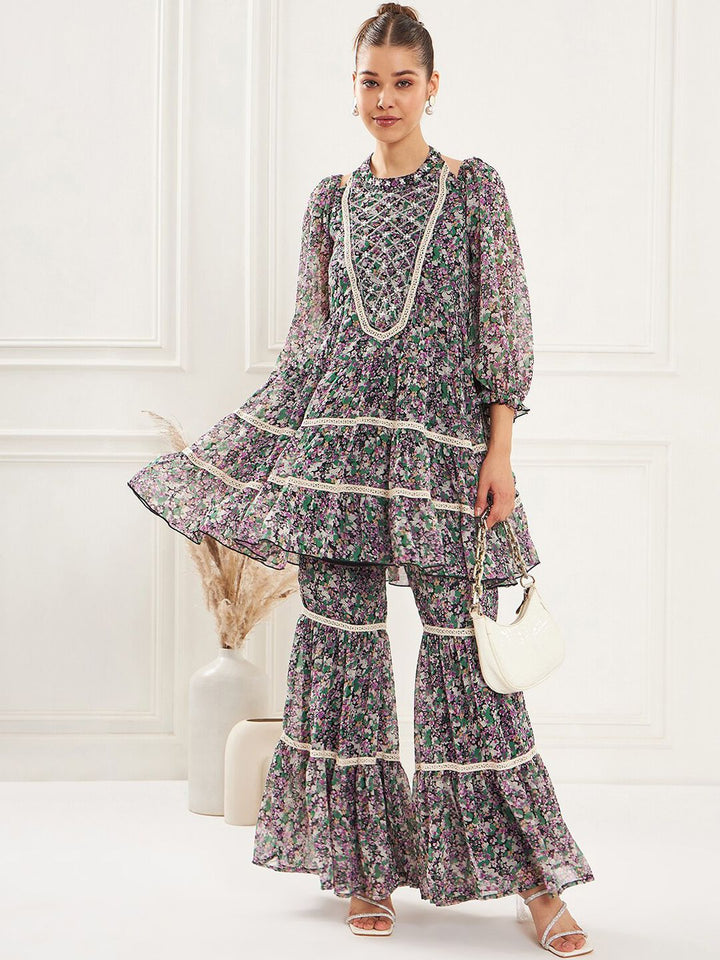 Antheaa Floral Printed Lace Insert Top & Sharara