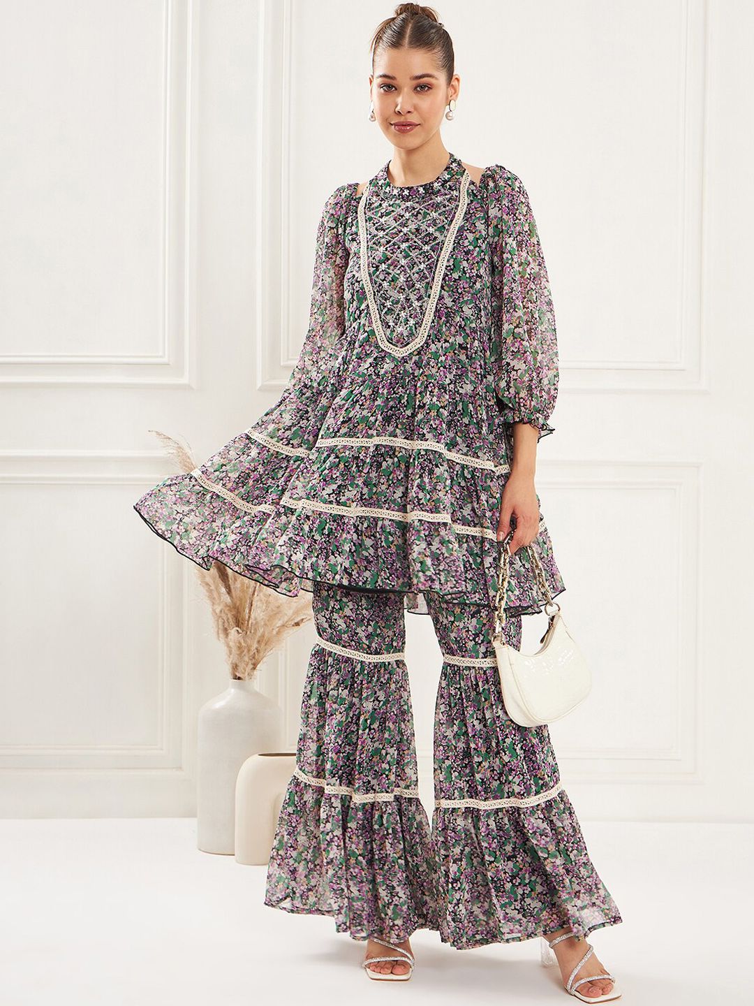 Antheaa Floral Printed Lace Insert Top & Sharara