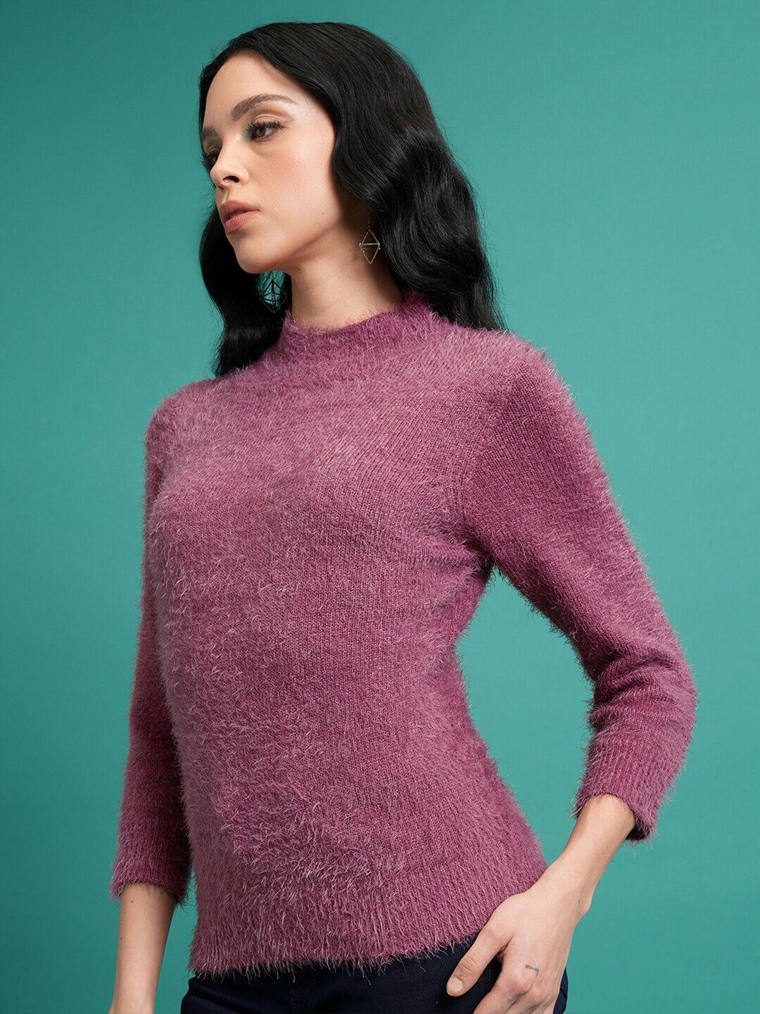 Tokyo Talkies Purple Mock Collar Acrylic Pullover