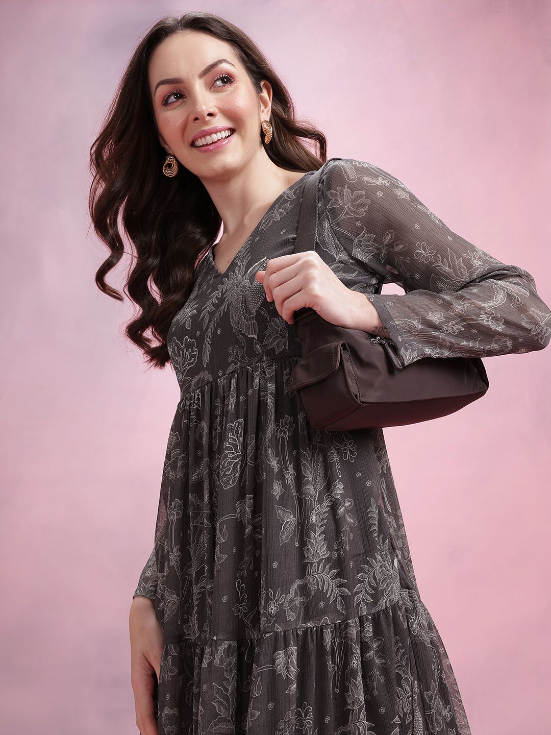 DressBerry Printed Ruffled A-Line Tiered Midi Dress