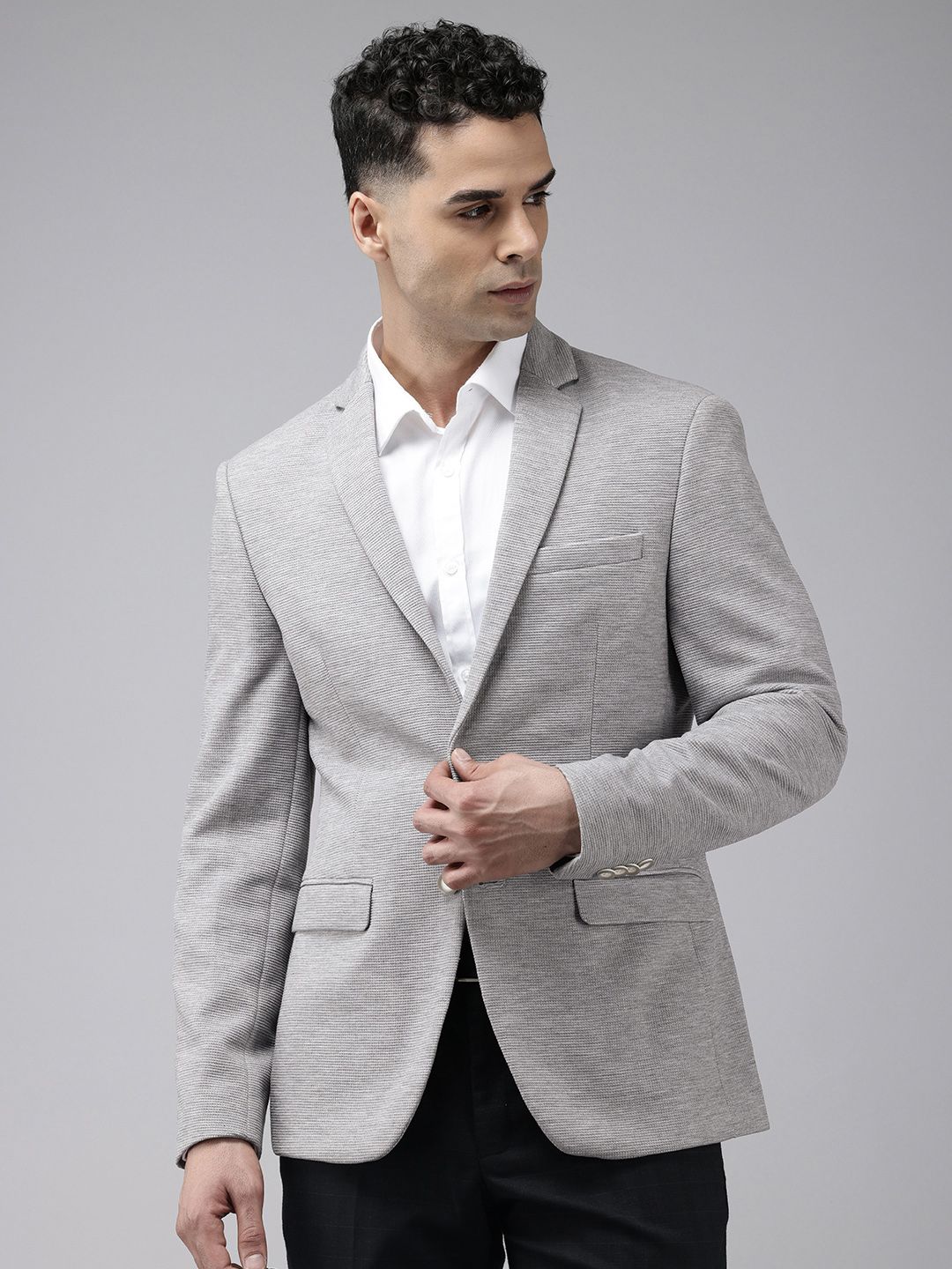 Park Avenue Notched Lapel Single Breasted Self Design Super Slim Fit Formal Blazer