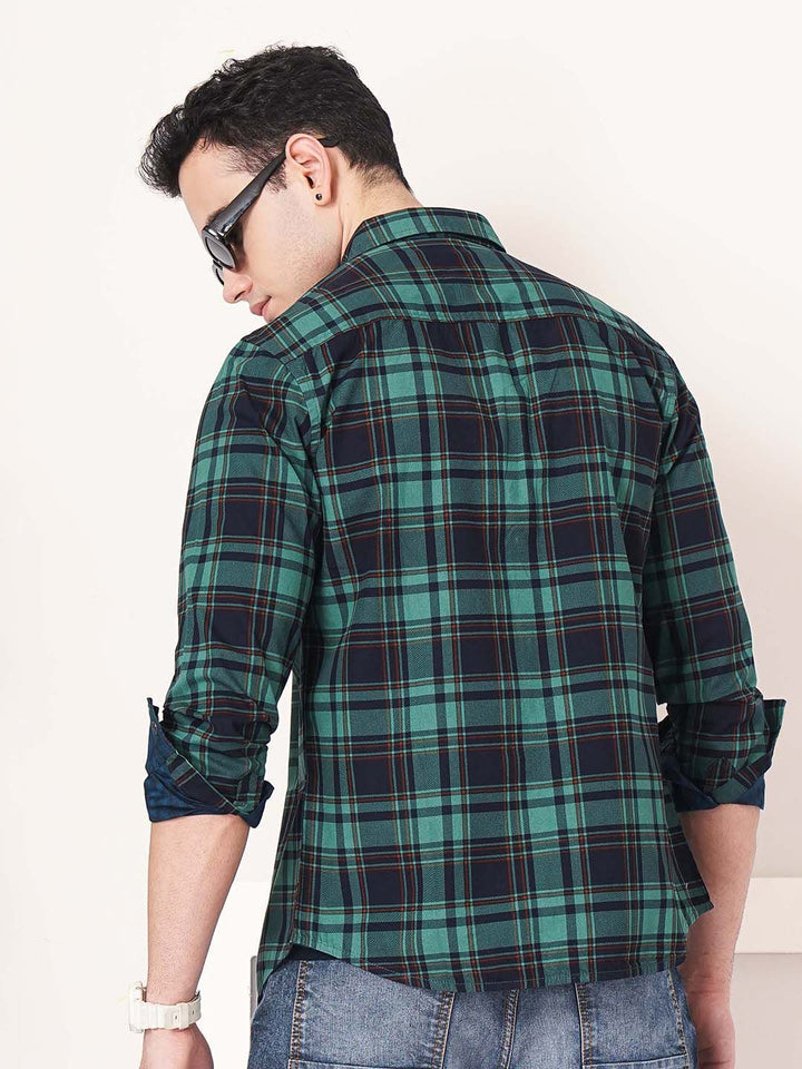 Garage India Co Green & Navy Blue Comfort Tartan diperiksa kemeja kapas terbalik