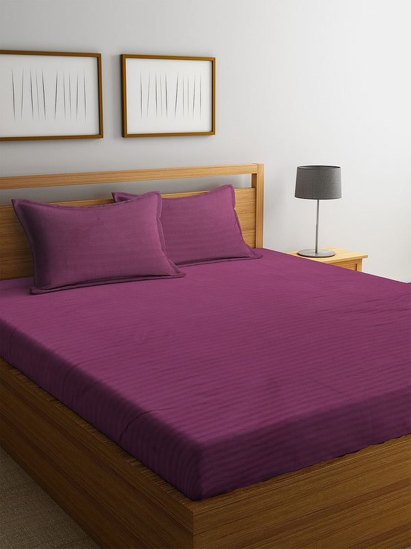 HOSTA HOMES Purple Striped 300 TC Cotton 1 King Bedsheet with 2 Pillow Covers