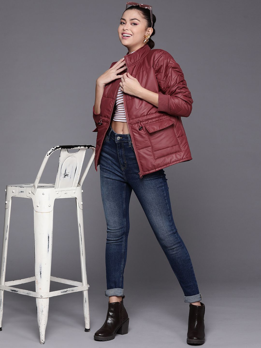 SASSAFRAS Women Maroon Solid Padded Jacket