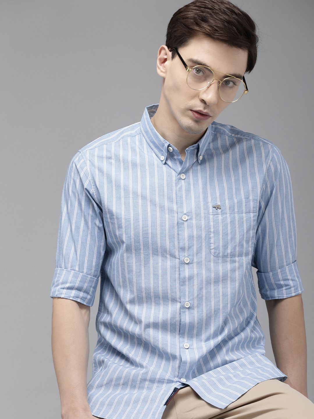 THE BEAR HOUSE Men Blue Slim Fit Pure Cotton Striped Casual Shirt