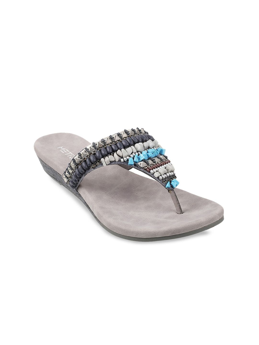Metro Women Grey Embellished Ethnic Open Toe Flats