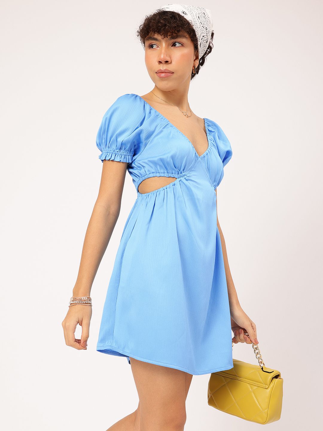 DressBerry Sunkissed-Selection Cut-Out Puff Sleeves Smocked Mini Dress