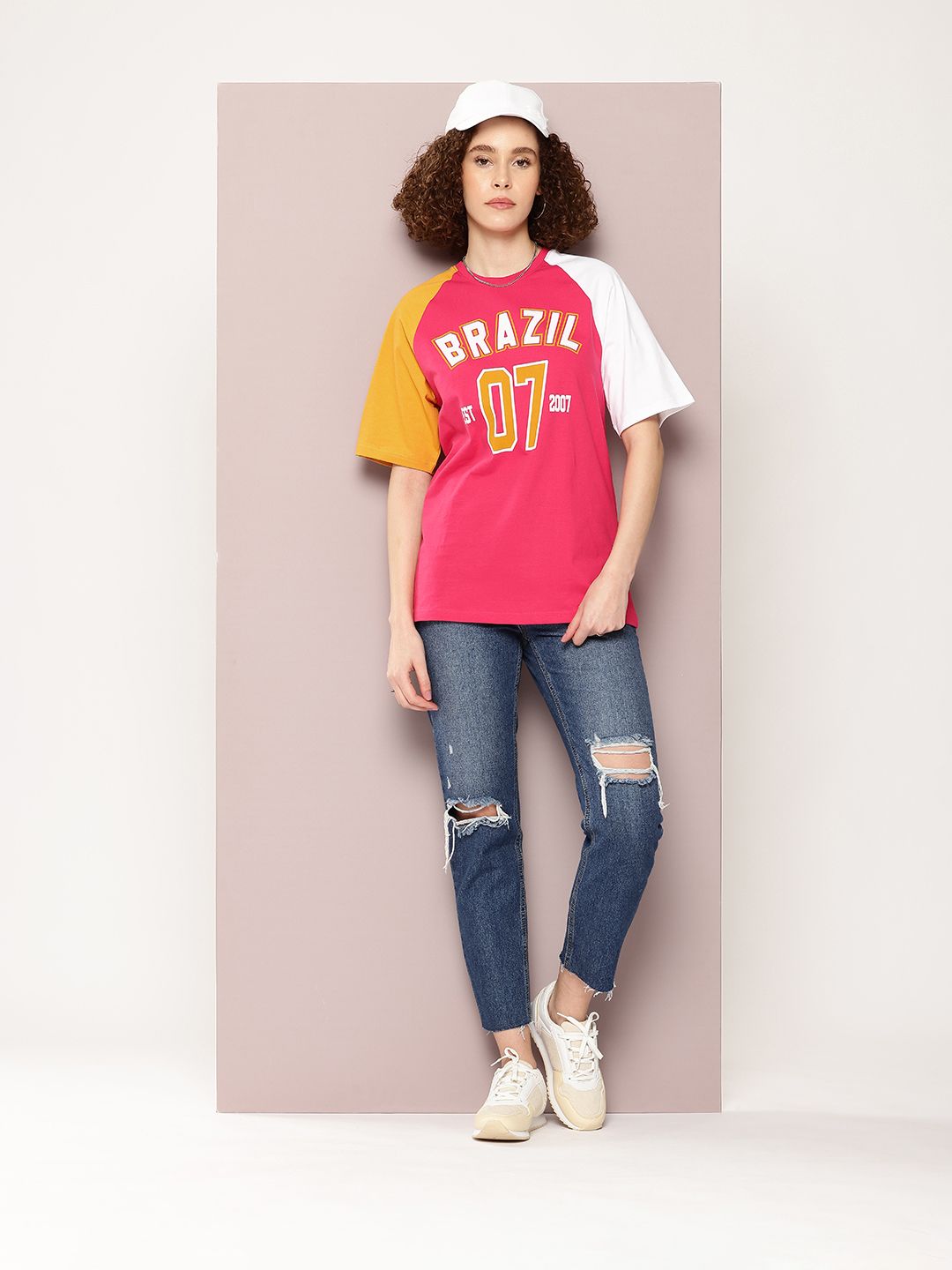 DILLINGER Women Colourblocked Embossed Pure Cotton Oversized T-shirt