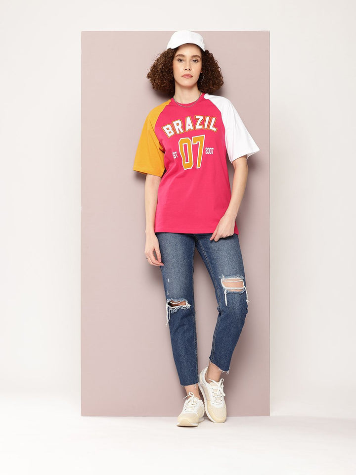 DILLINGER Women Colourblocked Embossed Pure Cotton Oversized T-shirt