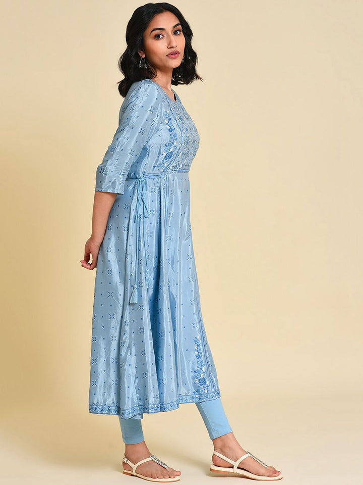 W Ethnic Motifs Floral Printed Sequinned A-Line Kurta With Leggings