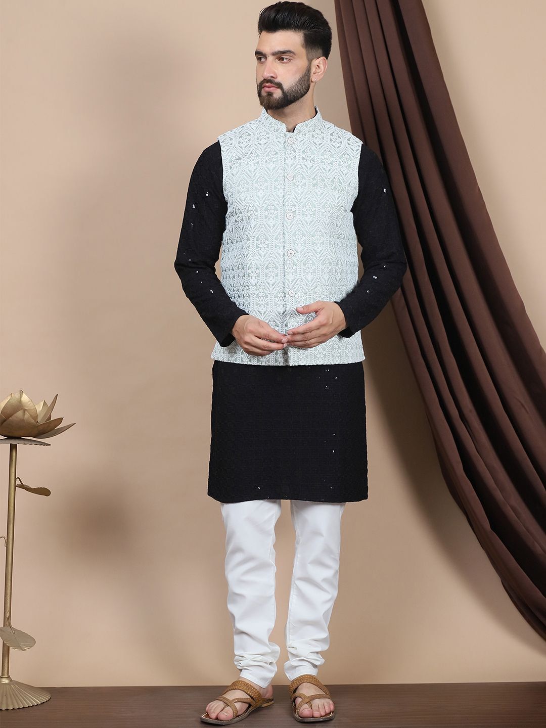 Anouk Black Floral Embroidered Regular Pure Cotton Straight Kurta With Churidar