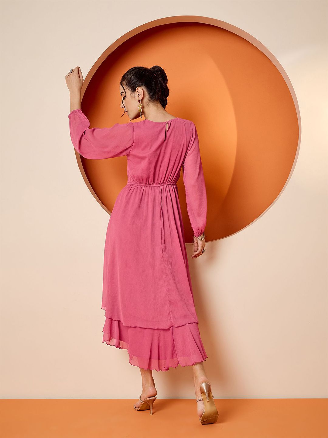 Antheaa Embellished Puff Sleeve Chiffon Fit & Flare Dress