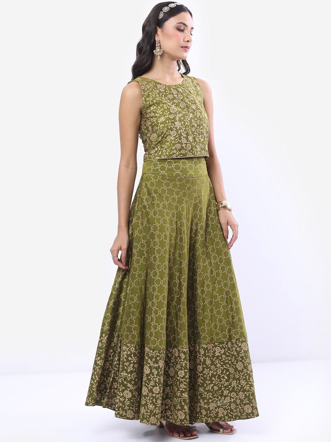 Vishudh Women Olive Green Printed Crop Top With Skirt And Jacket