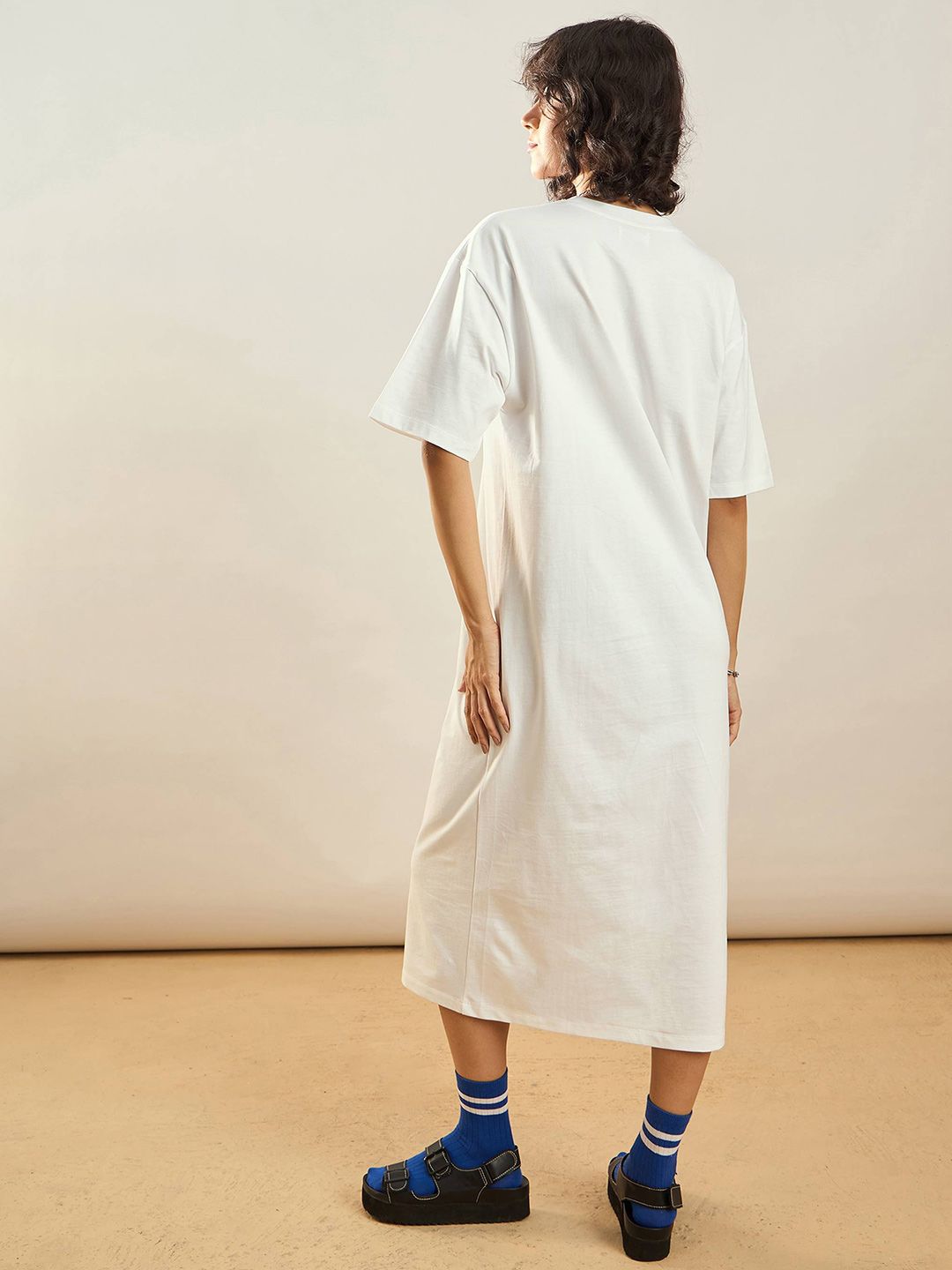 SASSAFRAS White Typographic Printed Pure Cotton Oversized T-shirt Dress