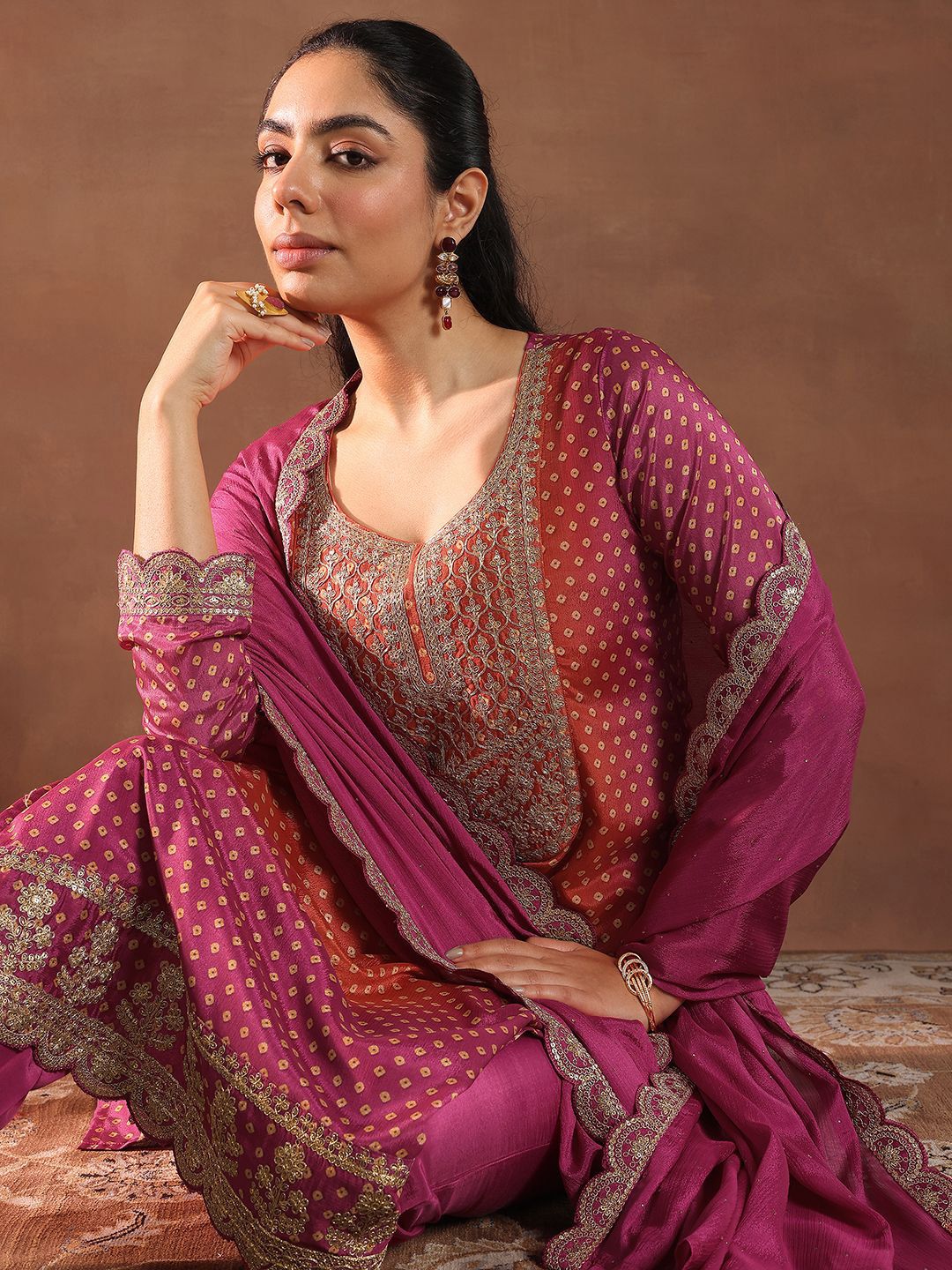 Libas Women Bandhani Printed Regular Kurta with Trousers & With Dupatta