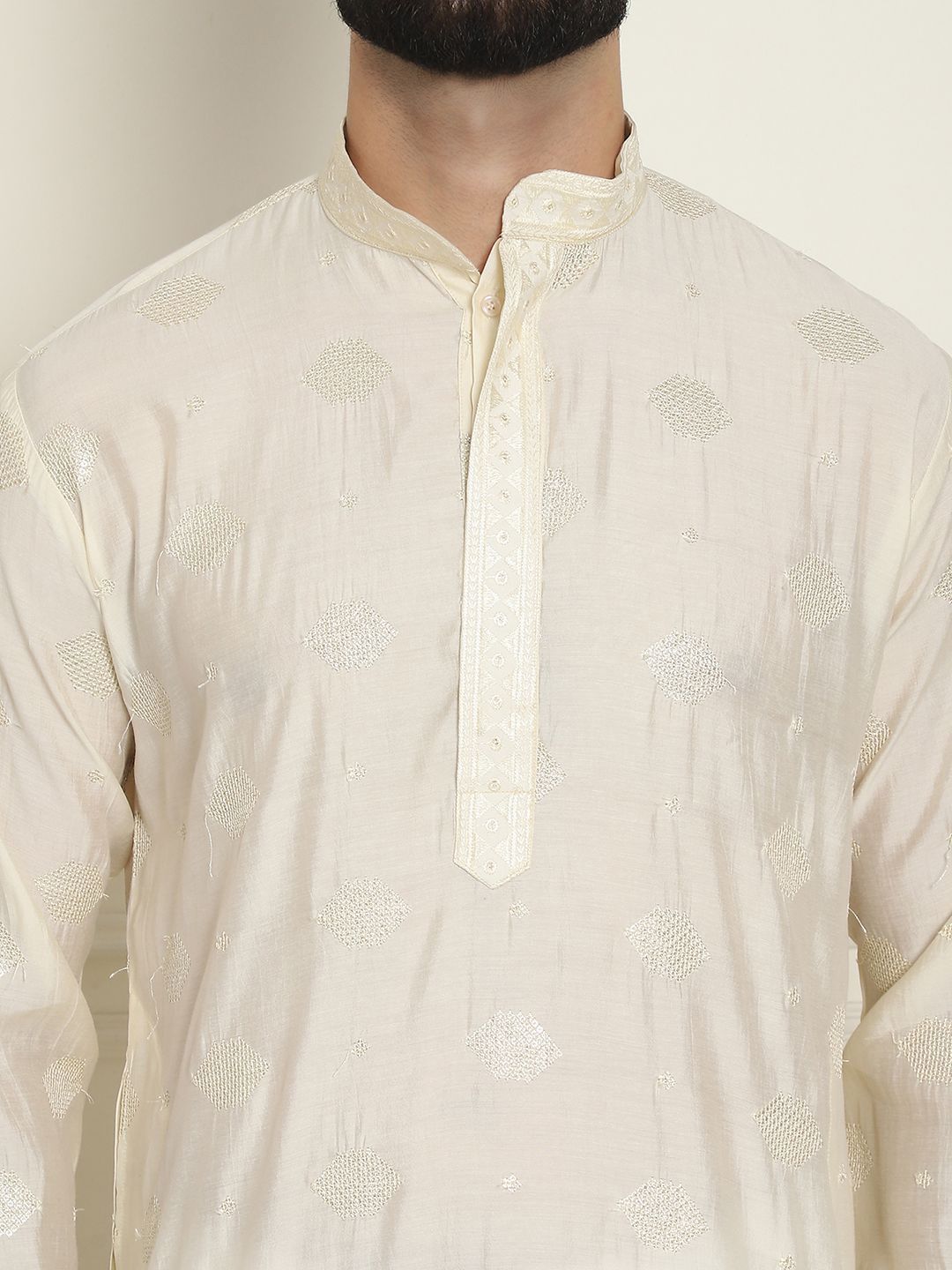 SOJANYA Kurta Lurus Sutera Kapas Sulam Geometrik Dengan Churidar