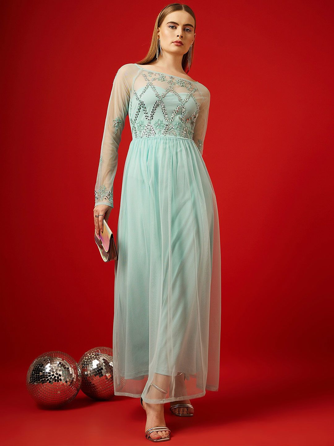 STREET 9 Turquoise Blue Embellished Net Maxi Dress